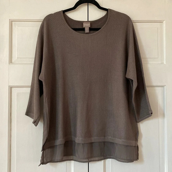 Chico’s Size 2 Built in Shirt Sweater 3/4 Sleeve Layer Blouse Chicos Size Large - Picture 1 of 9